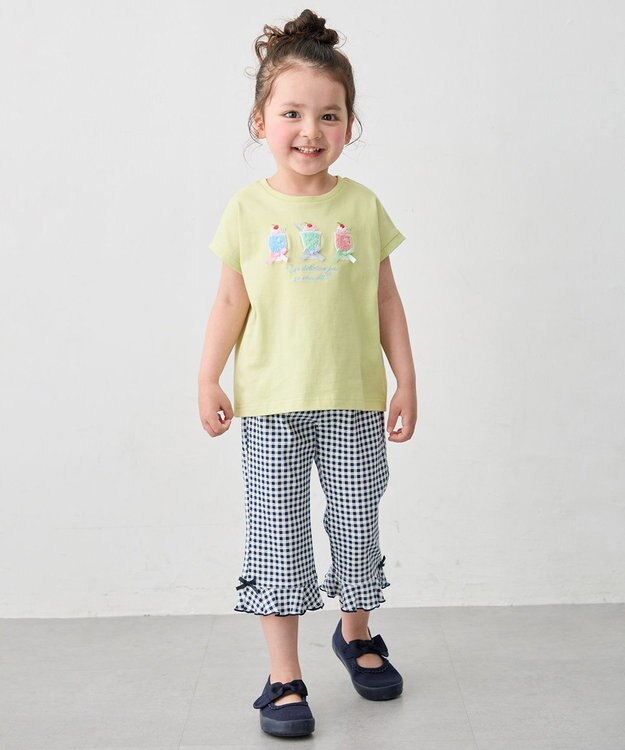 ANY KIDS 【綿100%】ひんやり フレンチスリーブ サガラ刺繡Tシャツ ライム×ジュース