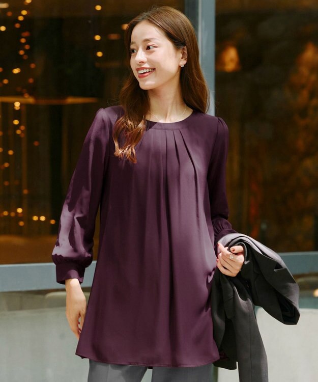 Tiaclasse L 【新色追加・洗える】裏起毛ジョーゼット胸元タックチュニックブラウス ボルドー