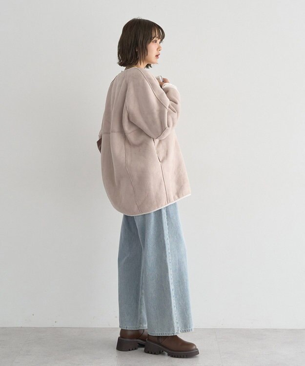 earth music&ecology 【リバーシブル】ノーカラーフェイクムートンコート Pink Beige