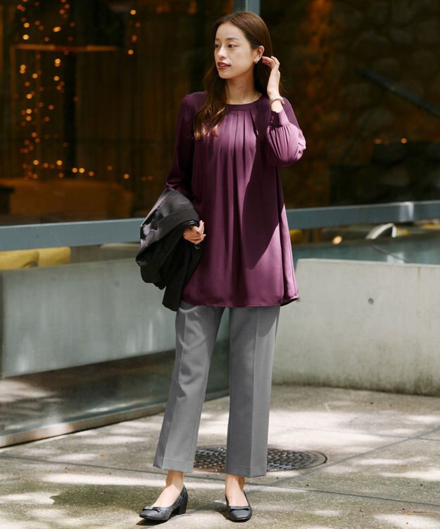 Tiaclasse L 【新色追加・洗える】裏起毛ジョーゼット胸元タックチュニックブラウス ボルドー