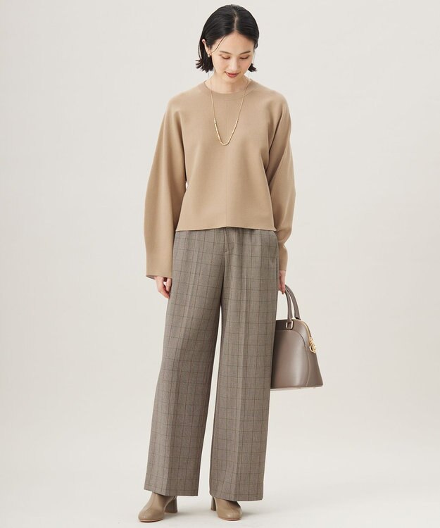 自由区 【撥水加工・洗える】TRギャバ裏起毛チェック柄ワイド パンツ ブラウンチェック