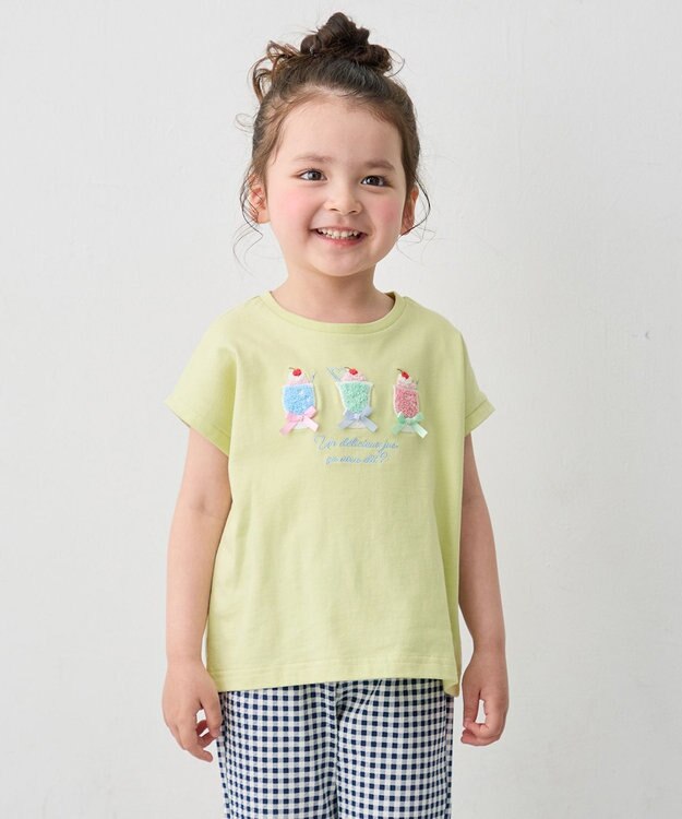 ANY KIDS 【綿100%】ひんやり フレンチスリーブ サガラ刺繡Tシャツ ライム×ジュース