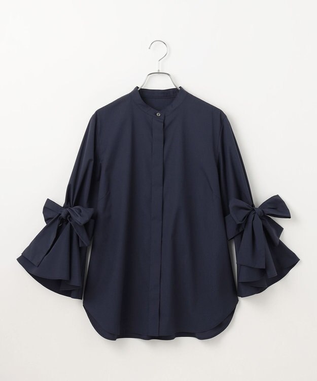 #Newans 【洗濯機可能/シワになりにくい】リボンカフスブラウス ネイビー