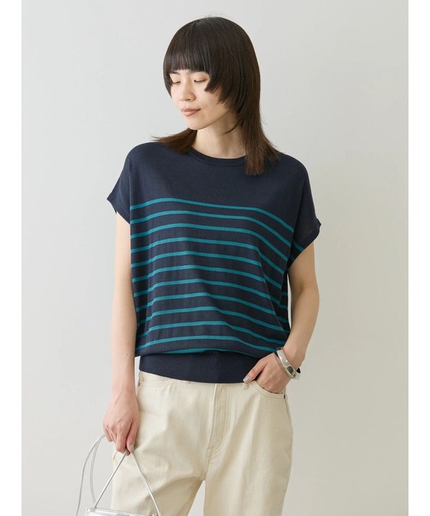 AMERICAN HOLIC 接触冷感フレンチスリーブニットプルオーバー Border Navy