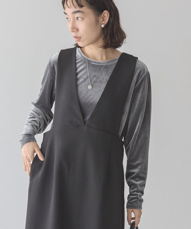 AMERICAN HOLIC ベロアクルーネックカットプルオーバー Charcoal Gray