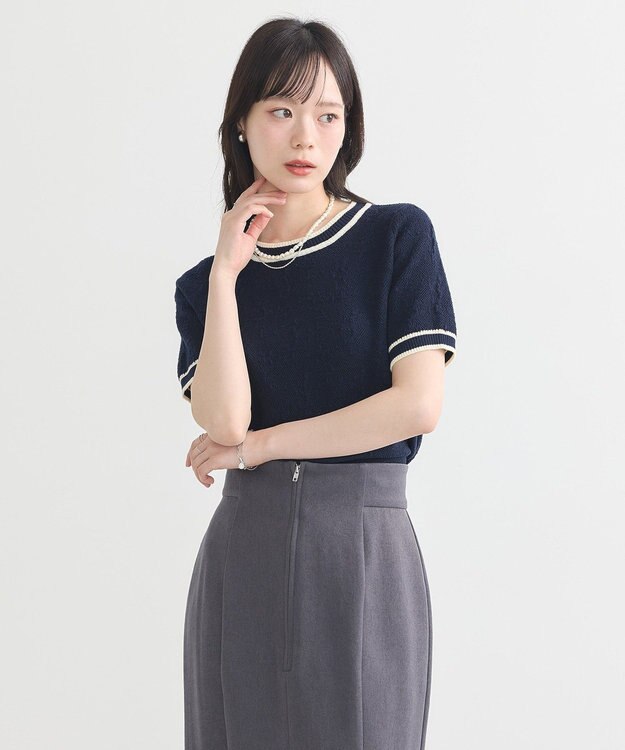 earth music&ecology バイカラーフラワージャガードニットプルオーバー Dark Navy