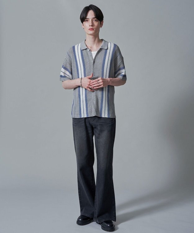 WEGO ラインニットシャツ（SS） ライトグレー