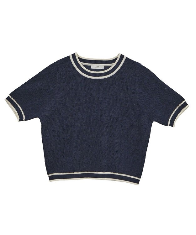 earth music&ecology バイカラーフラワージャガードニットプルオーバー Dark Navy