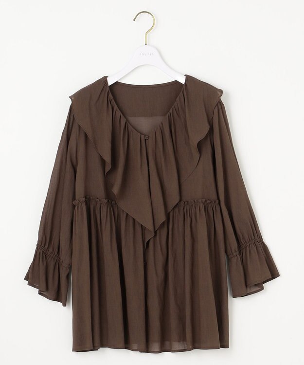 ANY SIS 【洗える】シアーヴィンテージライクラッフル ブラウス ブラウン