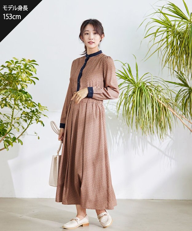 Tiaclasse 【新色追加・洗える】配色バンドカラー幾何学柄ワンピース オレンジ