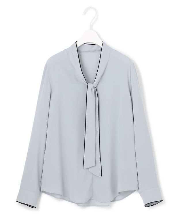 ICB L 【UVケア・速乾・接触冷感・洗える】BackSatinAmunzen 配色ボウタイブラウス サックスグレー系