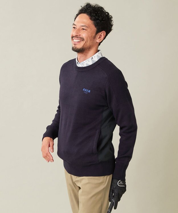 23区GOLF 【MEN】【ウォッシャブル】サドルショルダー クルーニット ネイビー系