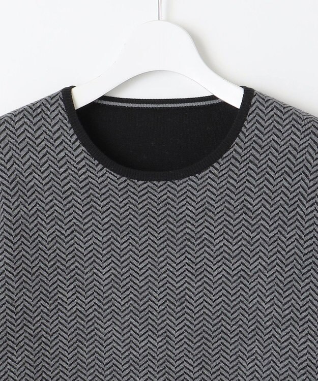 自由区 【WEB限定・マルチウェイ・洗える】ヘリンボーン柄リバーシブルニット セットアップ ブラック×グレー柄