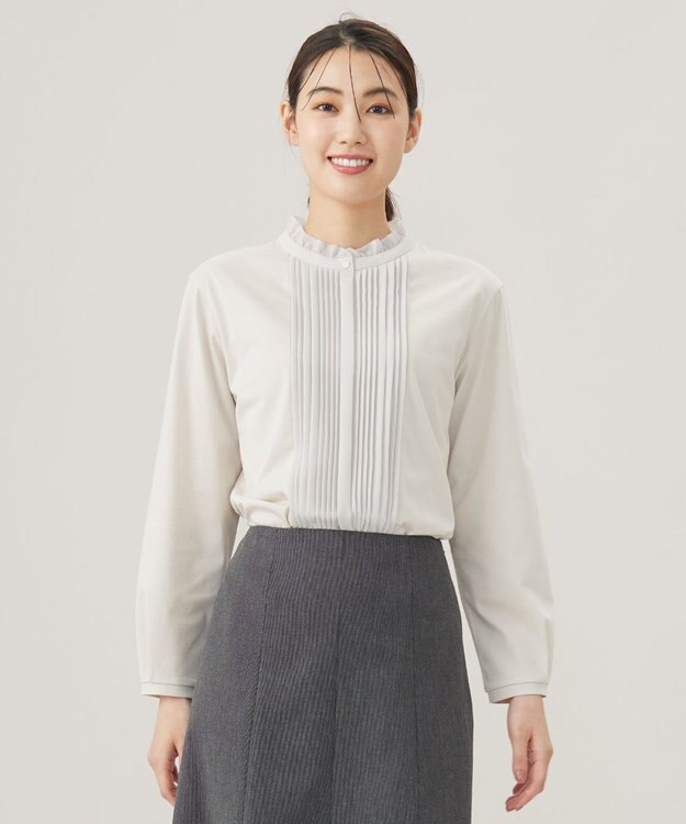 J.PRESS LADIES L プレーティングジャージー フリルネック カットソー グレージュ系