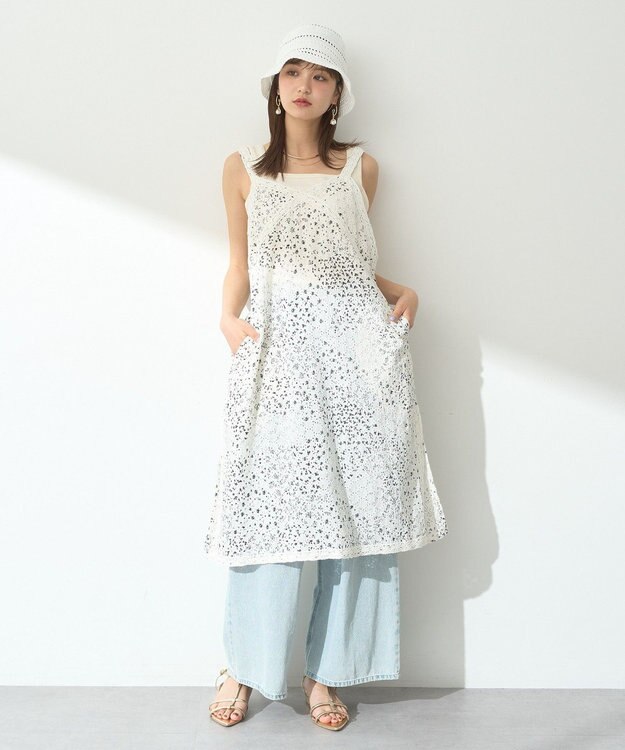 earth music&ecology 花柄プリントボーラー刺繍ミニキャミドレス Off White