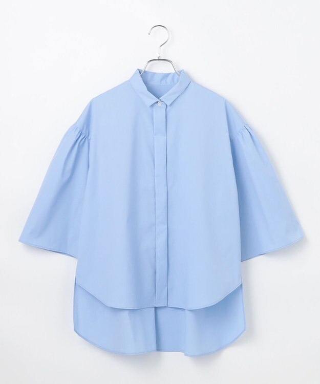 #Newans 【洗濯機可能/シワになりにくい】〈お尻・太ももをカバー〉フレアスリーブイタリアンカラーシャツ ブルー