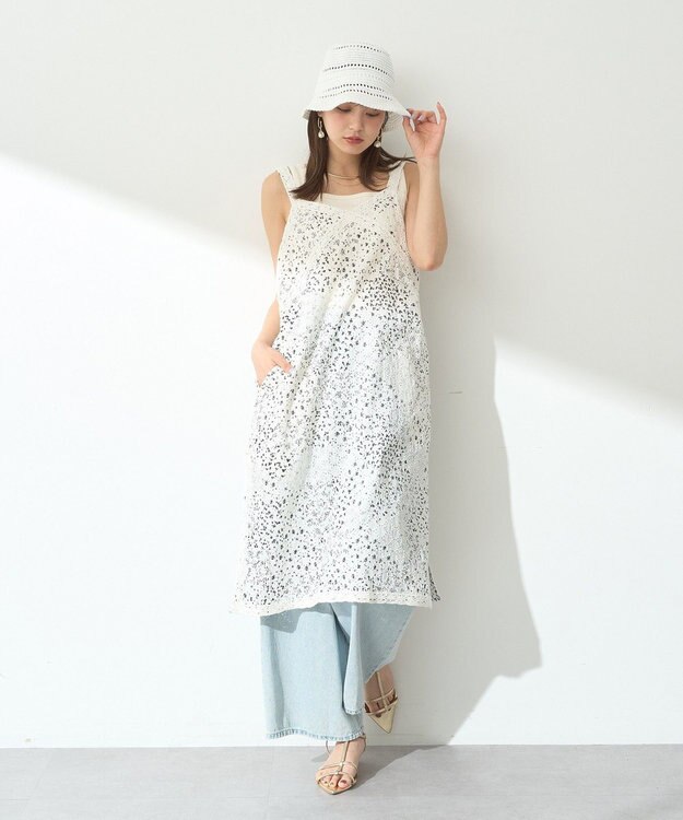 earth music&ecology 花柄プリントボーラー刺繍ミニキャミドレス Off White