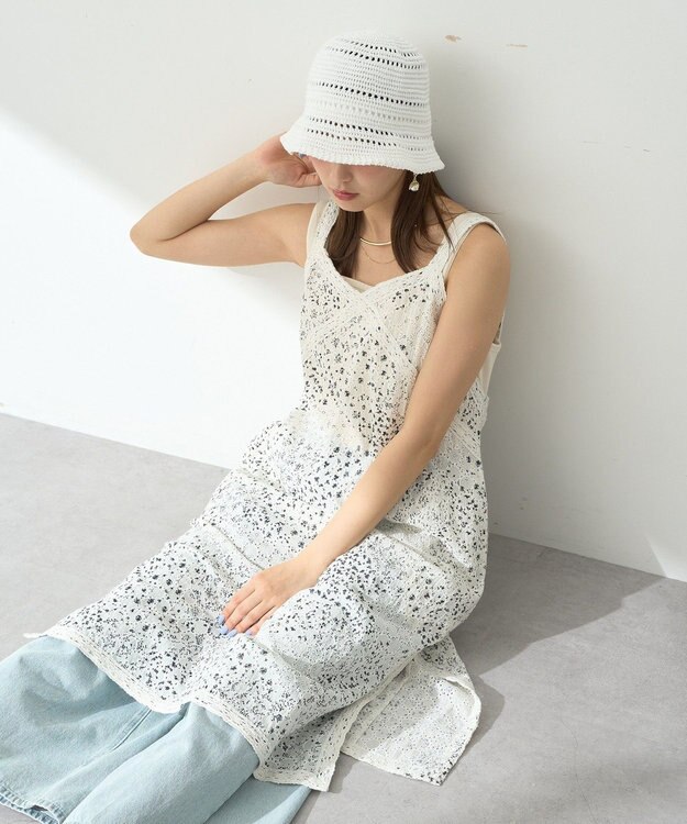 earth music&ecology 花柄プリントボーラー刺繍ミニキャミドレス Off White