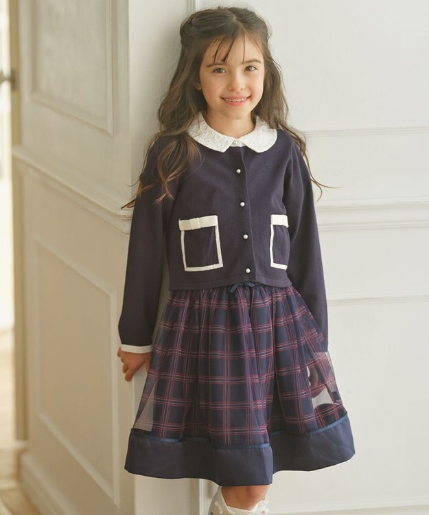 組曲 KIDS 【150-160cm】リボンインターシャニット カーディガン ネイビー系