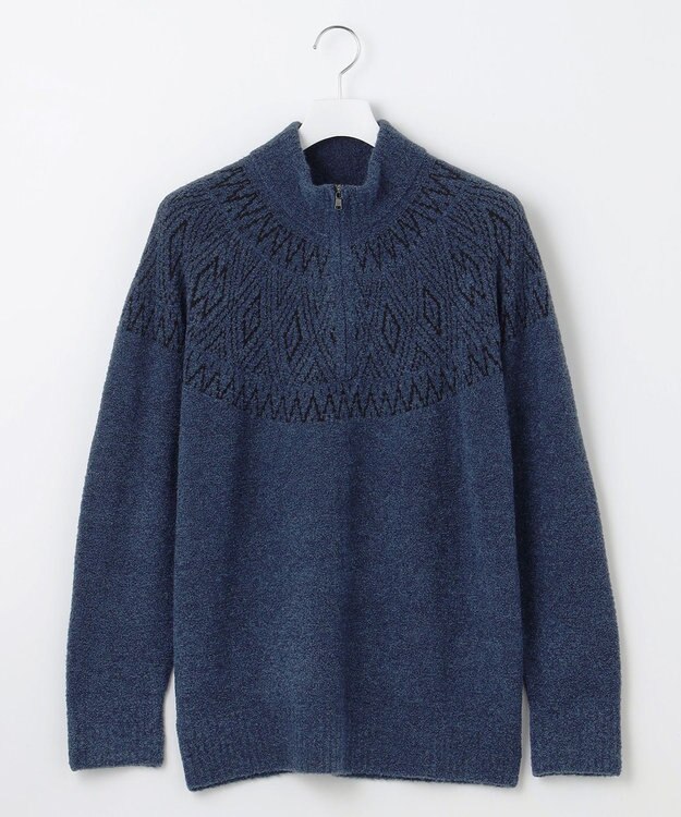 JOSEPH ABBOUD 【インポート素材/ふわふわ】ブークレー  ハイネック  ジップ プルオーバー ニット ダルブルー系