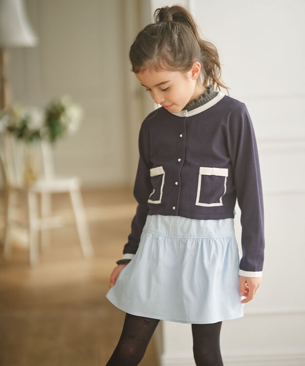組曲 KIDS 【150-160cm】リボンインターシャニット カーディガン ネイビー系