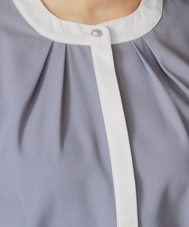 Tiaclasse L 【新色追加・洗える】フロントタック配色ブラウス サックス×オフ