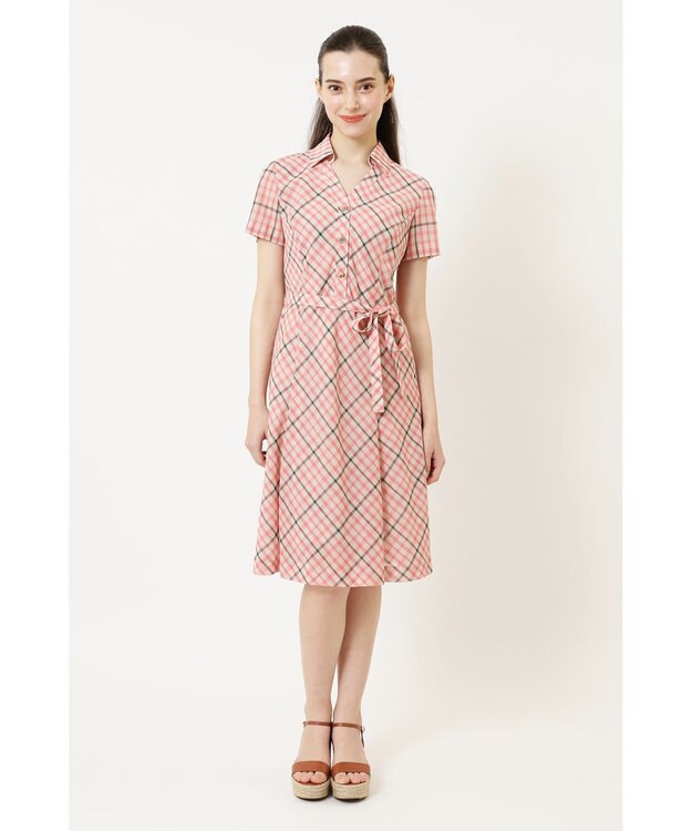 DAKS ウールボイル フィット＆フレア チェック ワンピース ピンクチェック