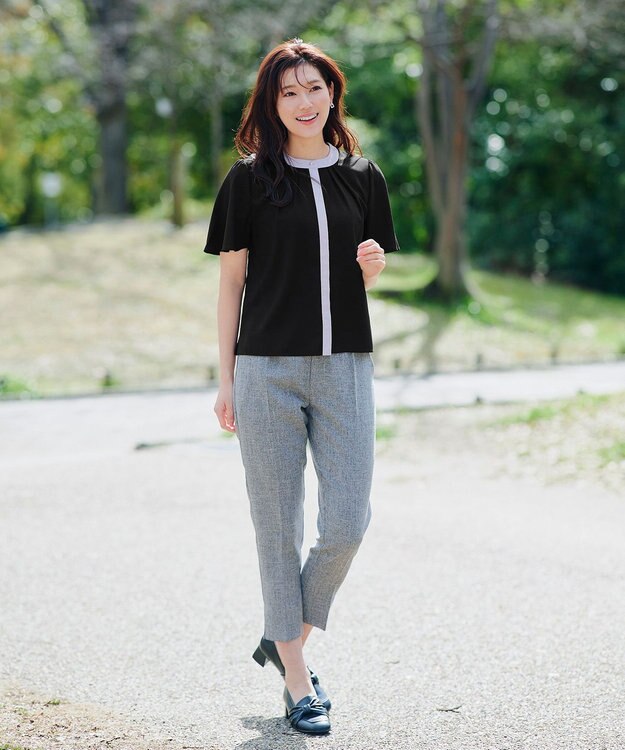 Tiaclasse L 【新色追加・洗える】フロントタック配色ブラウス ブラック×グレー