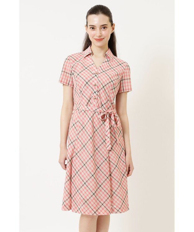 DAKS ウールボイル フィット＆フレア チェック ワンピース ピンクチェック