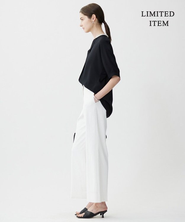 ICB 【人気のため新色追加・WEB限定・接触冷感・UVケア・速乾・洗える】BackSatinAmunzen 5分袖キーネックブラウス ブラック×トープ系