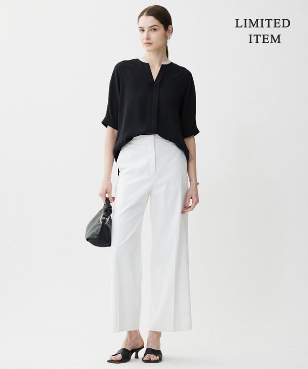 ICB 【人気のため新色追加・WEB限定・接触冷感・UVケア・速乾・洗える】BackSatinAmunzen 5分袖キーネックブラウス ブラック×トープ系