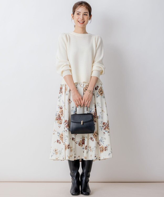 組曲 【8色展開・前後着用可】ウールカシミヤミックス パフスリーブ ニット パールホワイト系