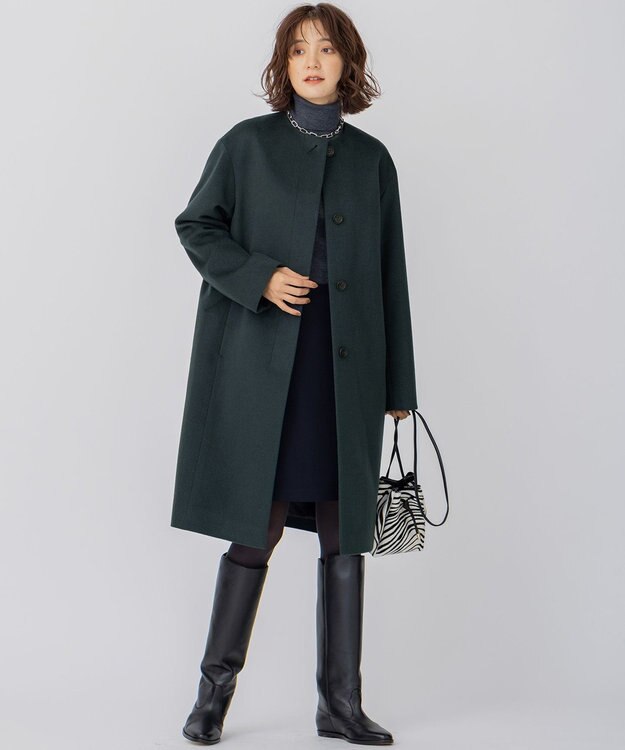 23区 ウールカシミヤビーバー ノーカラー コート ダークグリーン系