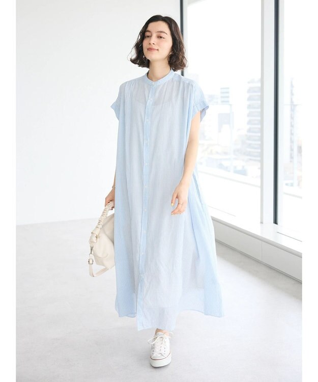 CRAFT STANDARD BOUTIQUE インド綿バンドカラーワンピース Stripe Sax
