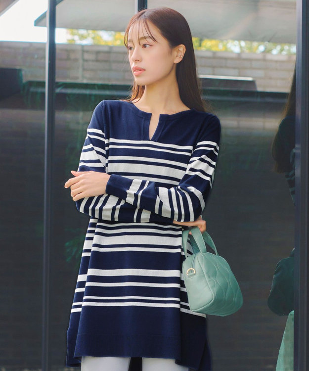 Tiaclasse 【洗える】キーネックボーダーニットチュニック ネイビー×オフホワイト