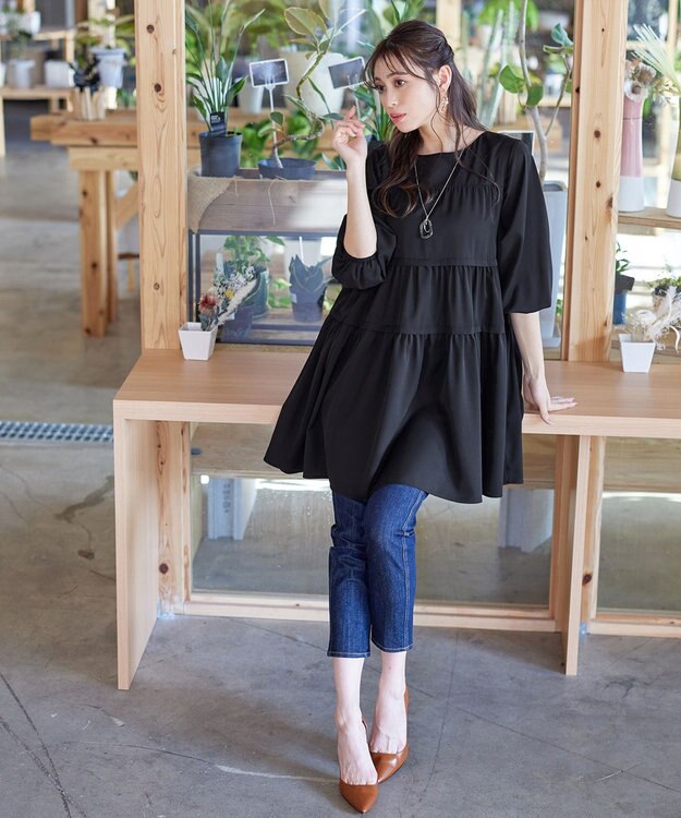 Tiaclasse L 【洗える】ティアードチュニックブラウス ブラック