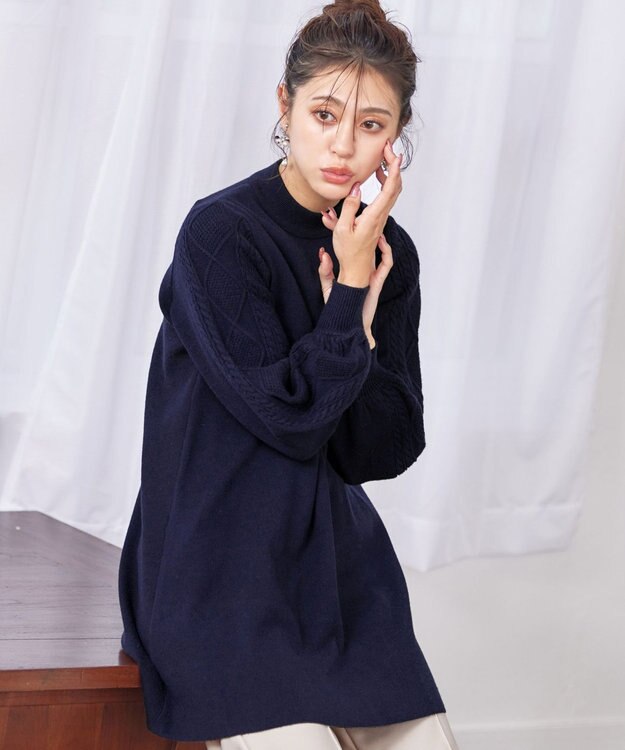 Tiaclasse 【洗える】袖ケーブルニットチュニック ネイビー
