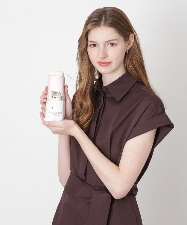 MOONBAT 【 遮光率100％/遮熱/UV/コンパクト】PAUL&JOE ACCESSOIRES(ポール&ジョー) 晴雨兼用日傘 スウィングヌネット ネコ 5段折りたたみ傘 ペールピンク