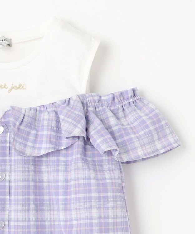 ANY KIDS オフショルダー フリル ブラウス ラベンダー系チェック