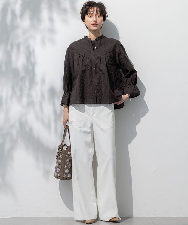 23区 L 【洗える】カラミ ストライプ  切り替え ブラウス ダークブラウン系