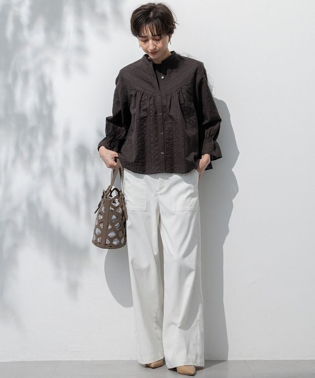 23区 L 【洗える】カラミ ストライプ  切り替え ブラウス ダークブラウン系