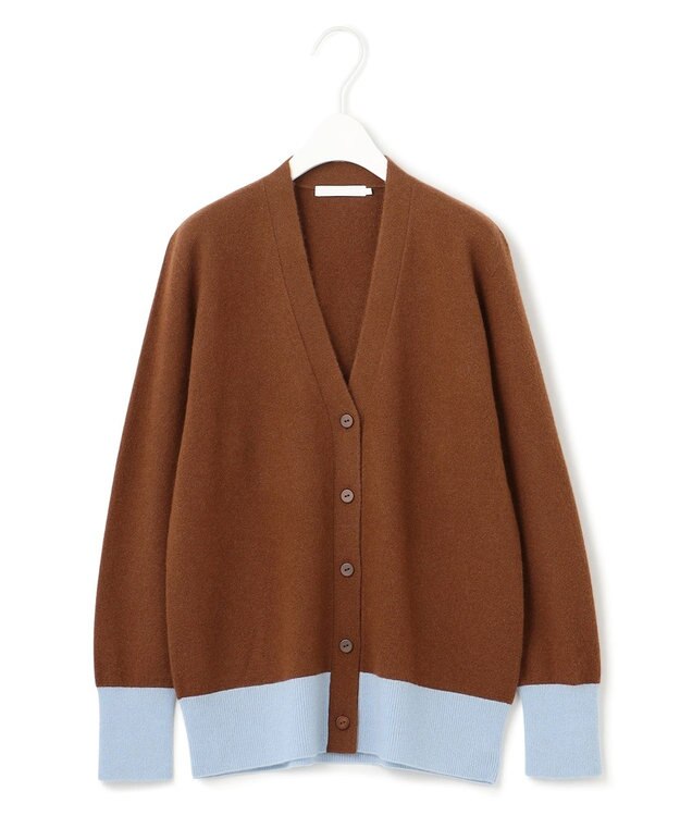 ICB L ピュアカシミヤ カーディガン サックス×コーヒー系