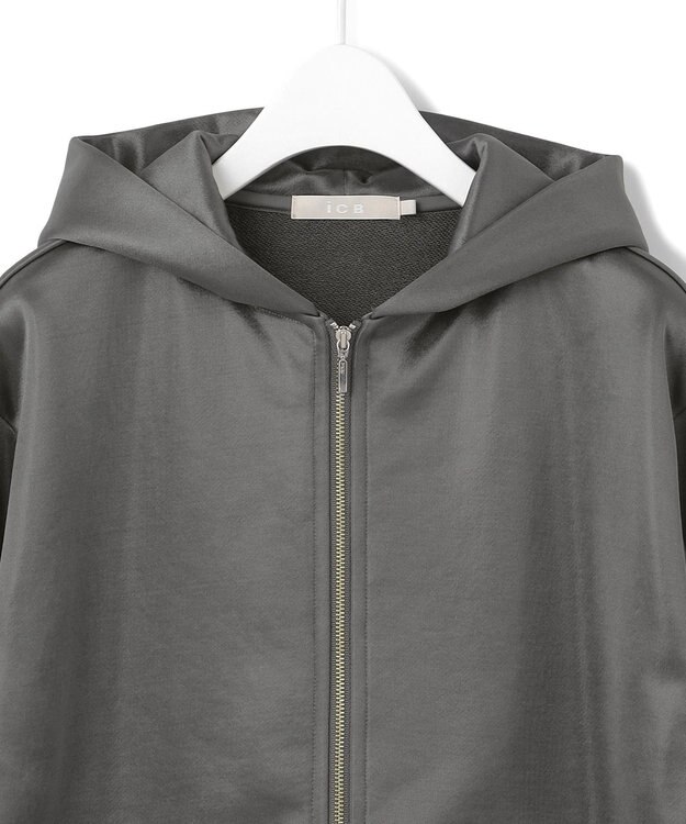 ICB 【洗える】サテンボンディング ジップアップパーカー チャコール系