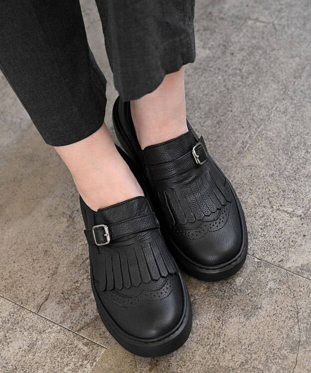 Pointer 日本製 本革フリンジ付き厚底ローファー ブラック