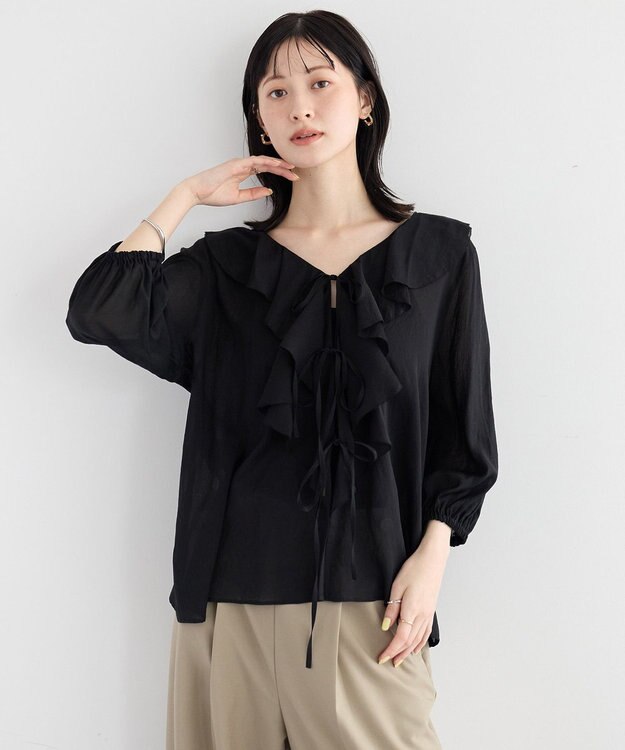 YECCA VECCA ラッフルリボンシアーブラウス Black