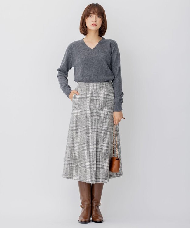 23区 ツイードチェック フロントタックAラインスカート ライトグレーチェック