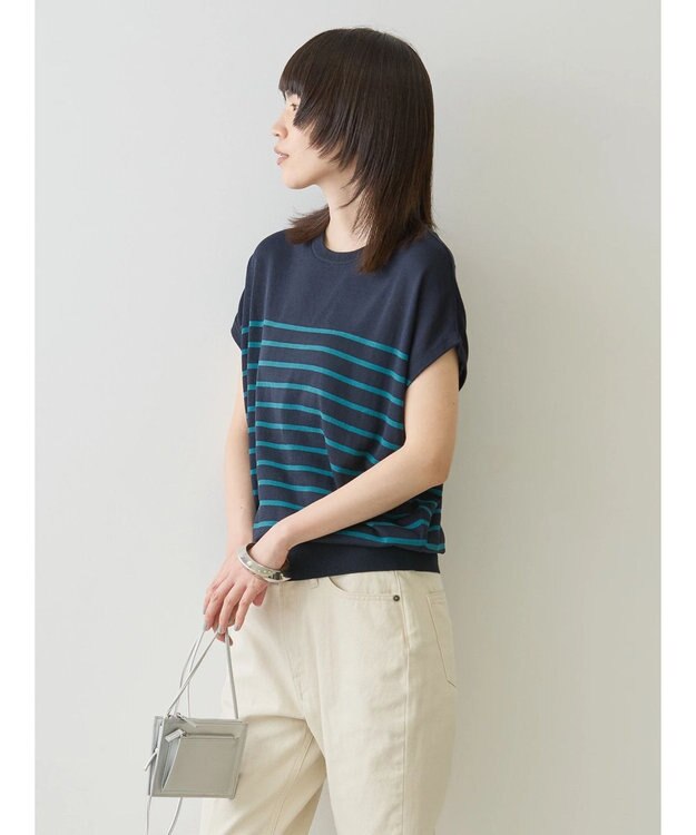 AMERICAN HOLIC 接触冷感フレンチスリーブニットプルオーバー Border Navy