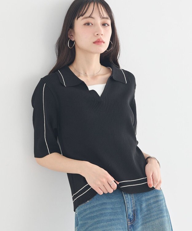 earth music&ecology 【予約】ラインカラーポロニット ブラック