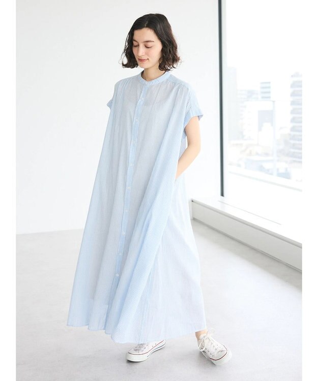 CRAFT STANDARD BOUTIQUE インド綿バンドカラーワンピース Stripe Sax