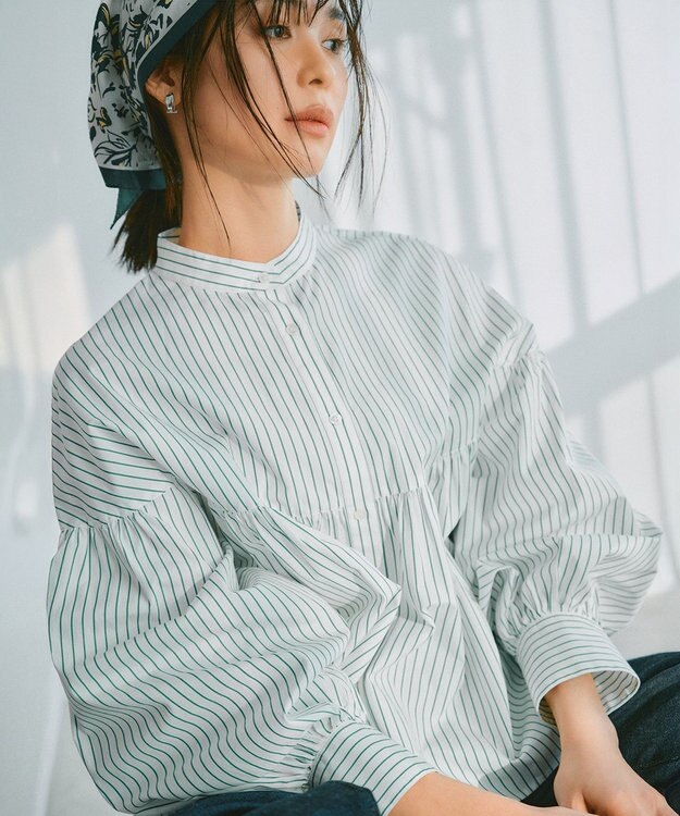 23区 S 【洗える】CANCLINI ギャザー フレア ブラウス ホワイト×グリーンストライプ